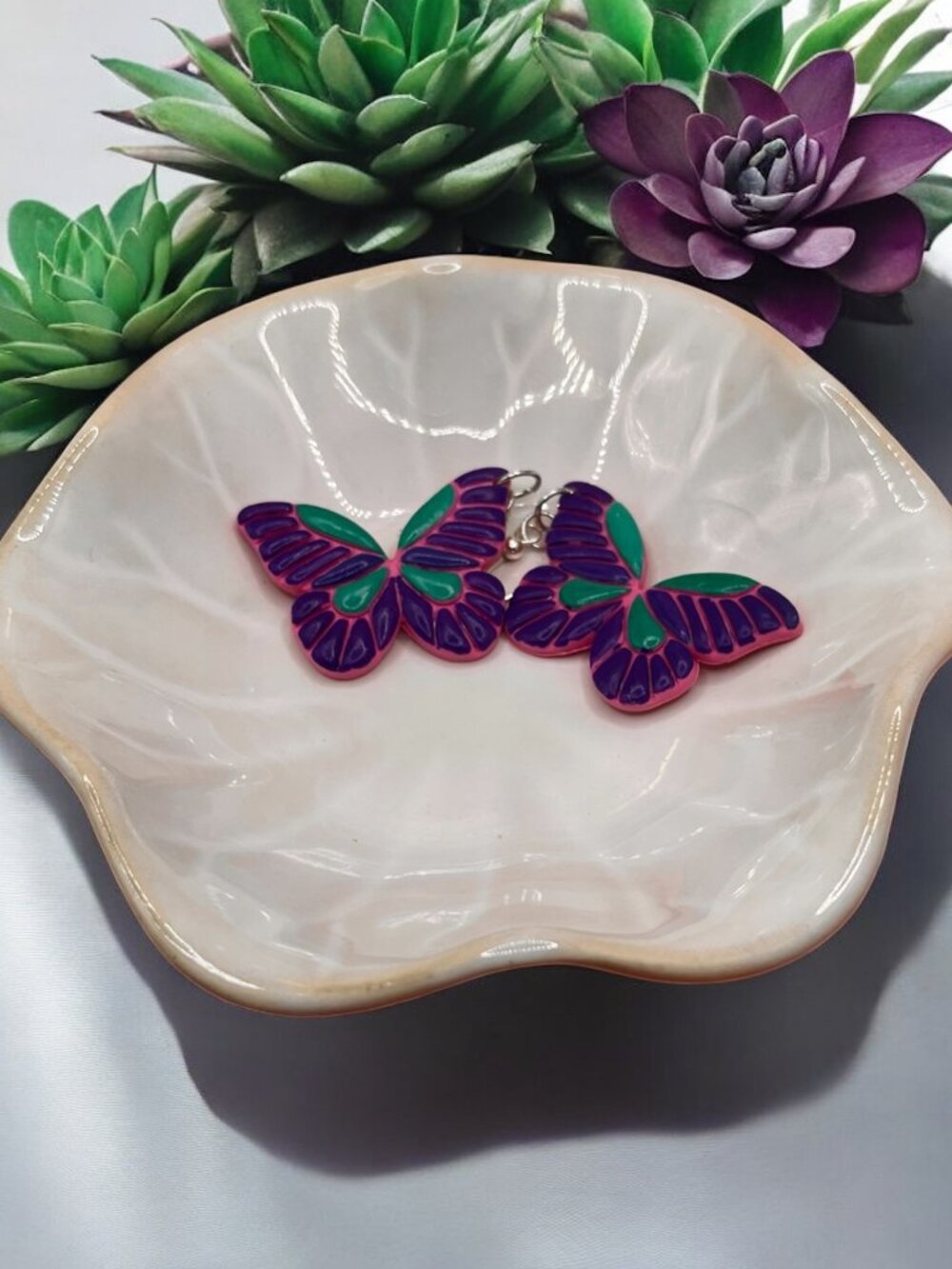 Polymer Clay Butterfly Dangle Earrings: Vibrant Pink, Purple & Blue
